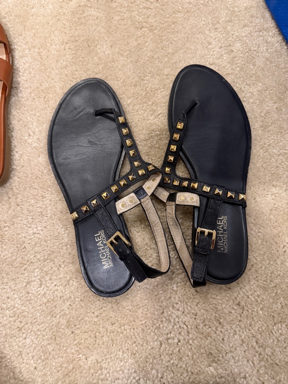 Michael Kors Black Leather T-Strap Sandals with Gold Studs